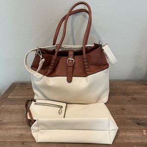 Black Rivet Two Toned Tote in Cream and Cognac - Bundle
